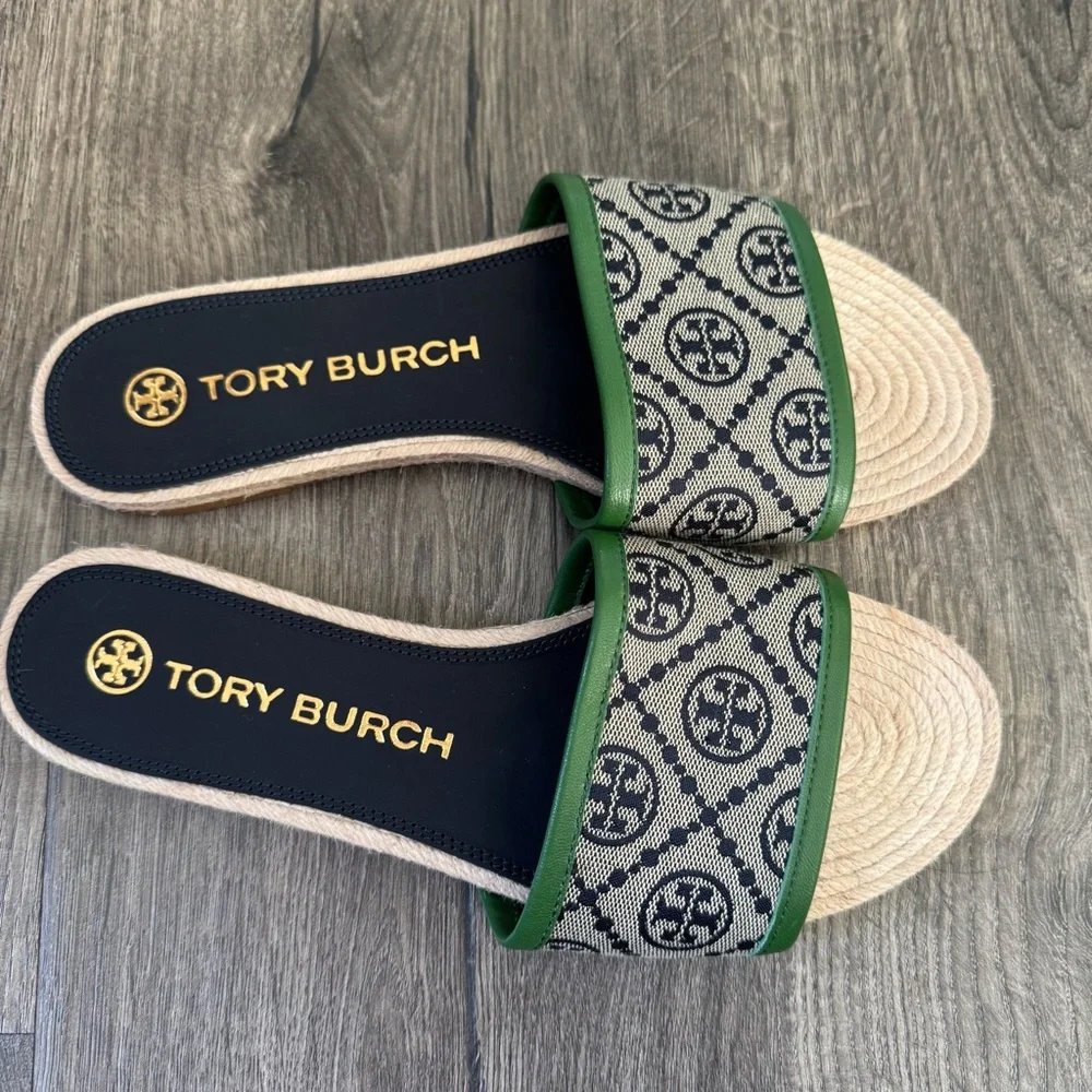 Tory Burch T monogram sandals Green and Beige Women's Slides espadrille size 8.5 - Picture 4 of 13